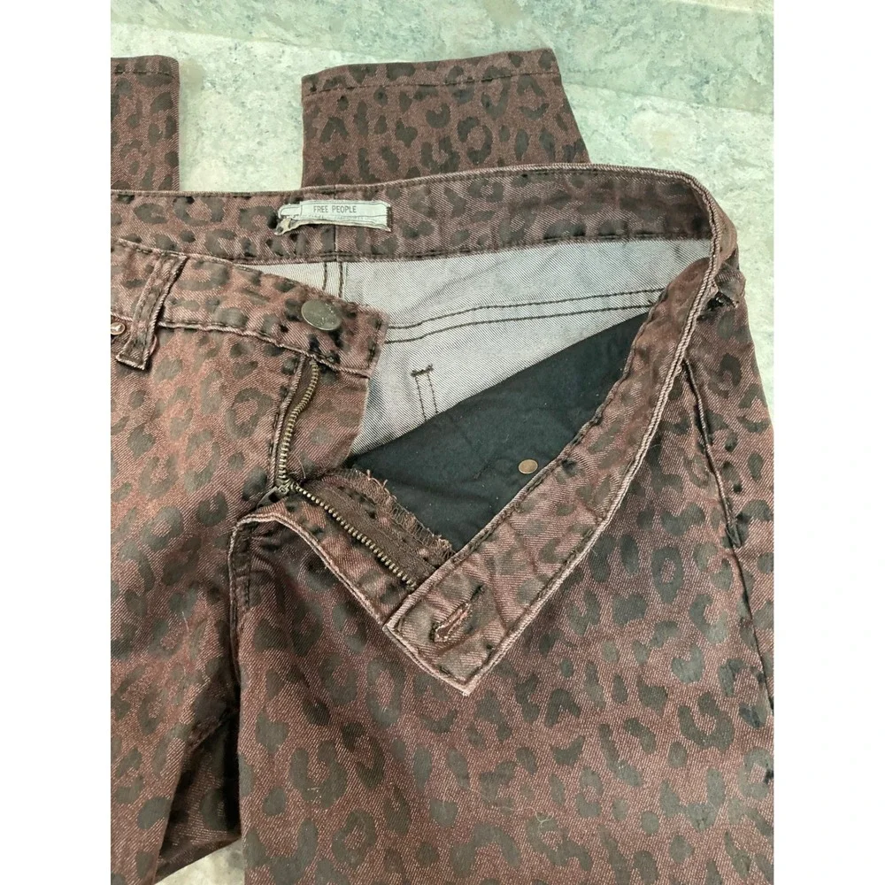 Free People Skinny Jeans 29 Brown Leopard Print Low Rise Animal Pattern Pockets